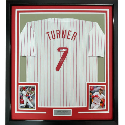 Framed Autographed Trea Turner 35x39 Philadelphia Pinstripe Baseball Jersey Beckett BAS COA | Hall of Fame Sports Memorabilia | vintageantiquesgifts.com
