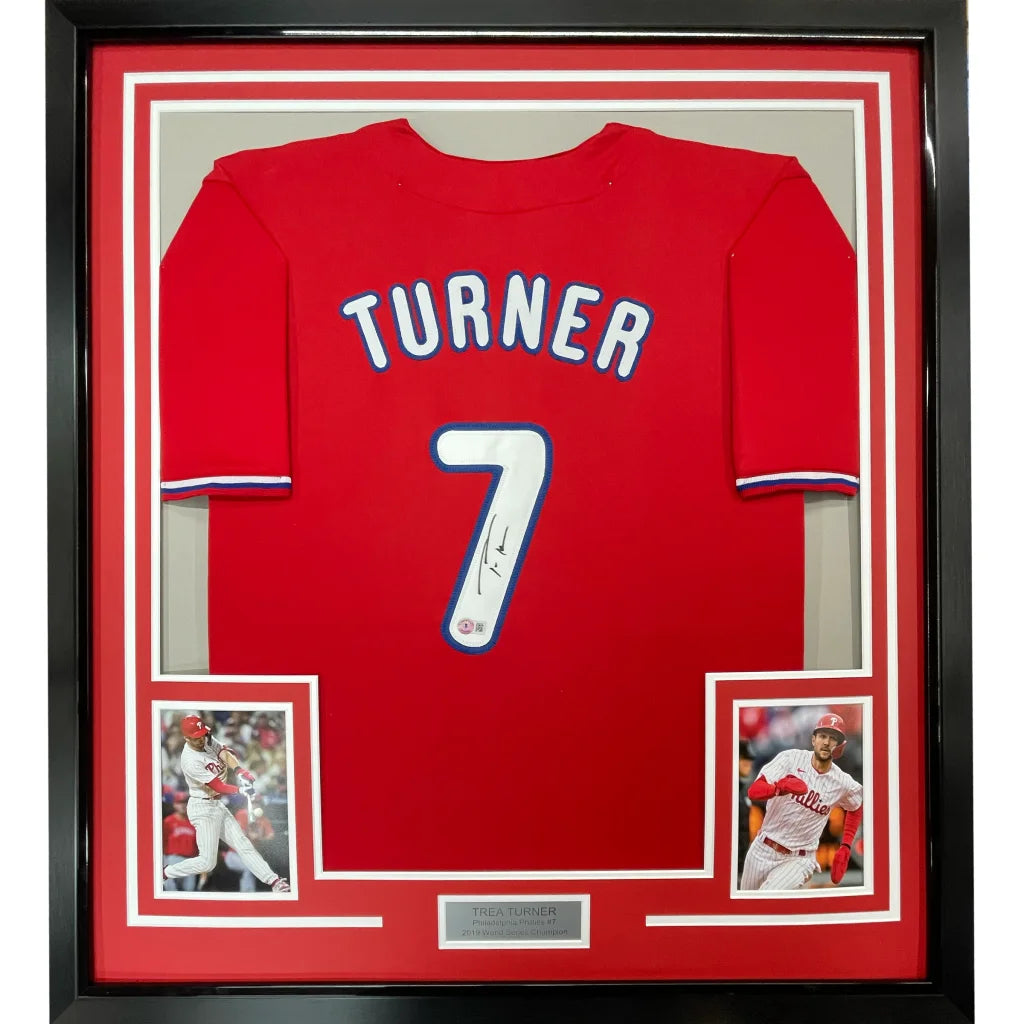 Framed autographed Trea Turner Philadelphia Phillies red jersey with number 7