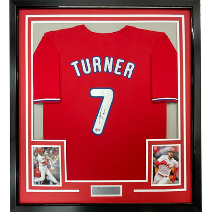Framed autographed Trea Turner Philadelphia Phillies red jersey with number 7