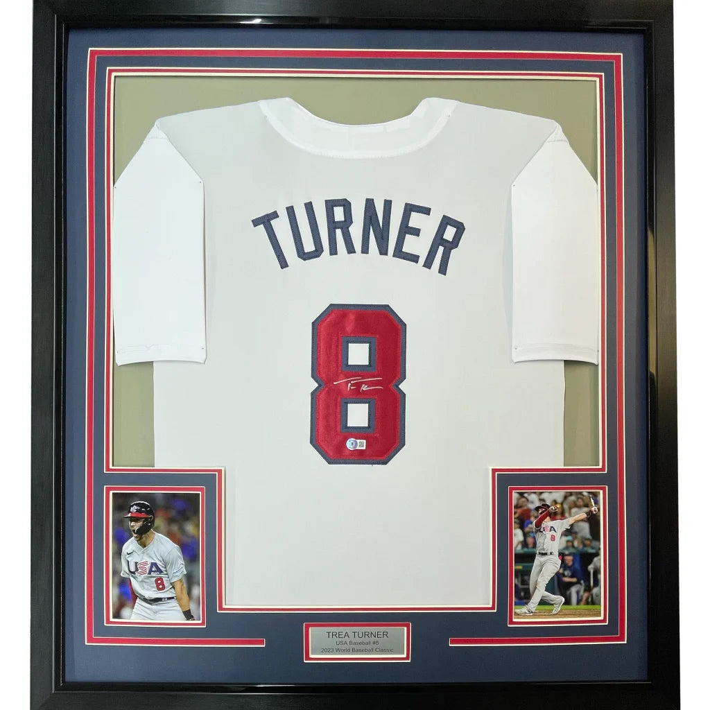 Framed Autographed Trea Turner 35x39 United States USA White World Baseball Classic WBC Jersey Beckett BAS COA | Hall of Fame Sports Memorabilia | vintageantiquesgifts.com