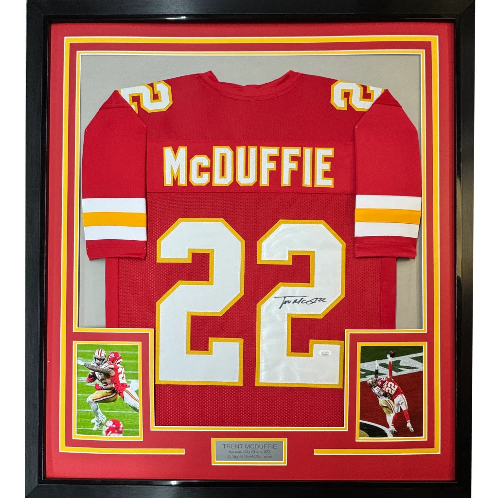 Framed Autographed Trent McDuffie 35x39 Kansas City Red Football Jersey JSA COA | Hall of Fame Sports Memorabilia | vintageantiquesgifts.com