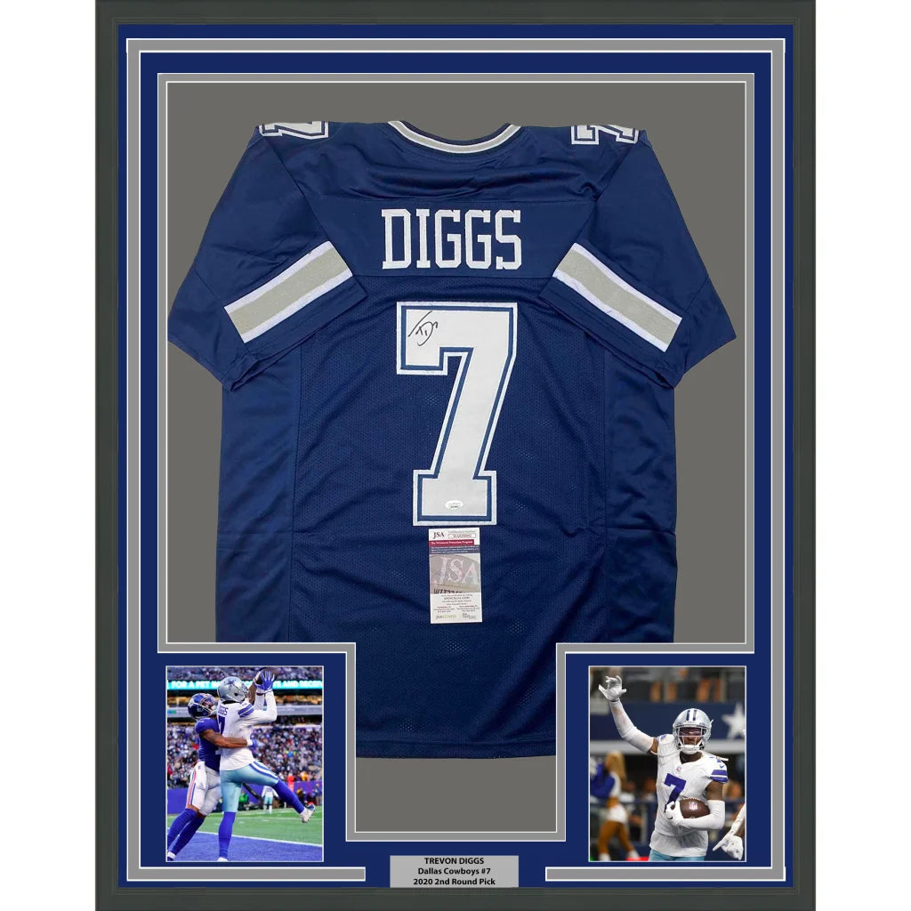 Framed Trevon Diggs Cowboys jersey with 5x7 photos and JSA COA for collectors