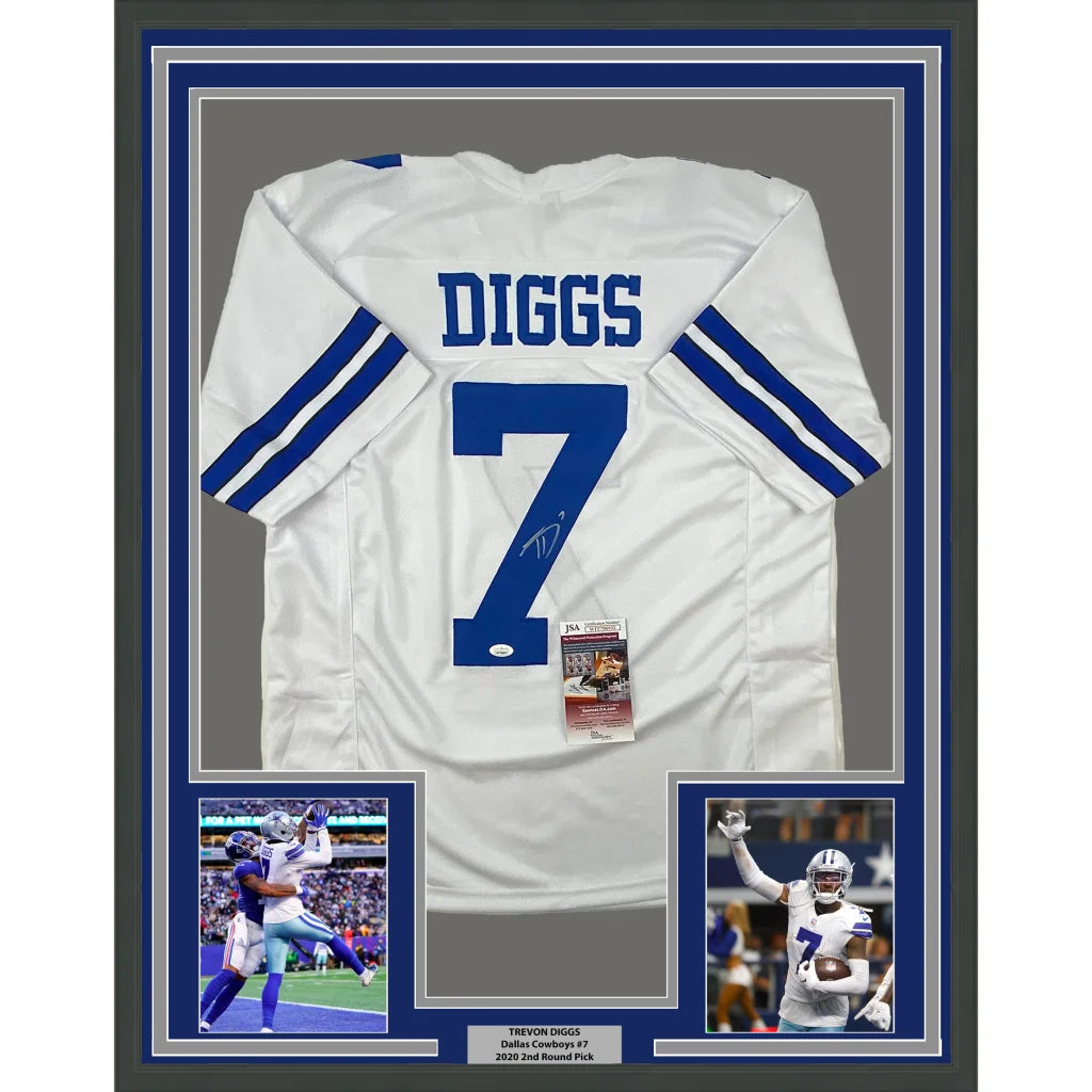 Professionally framed Dallas Cowboys Trevon Diggs autographed jersey with action photos