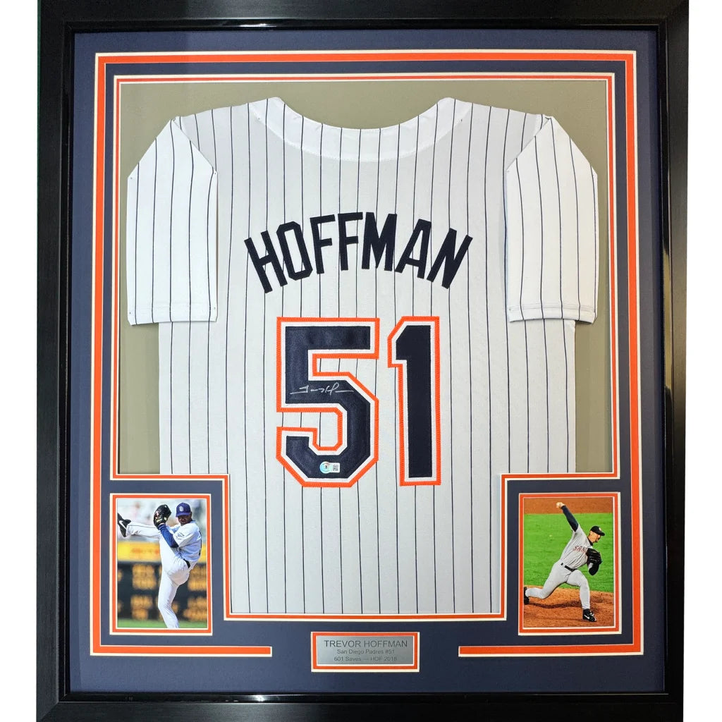 Framed autographed Trevor Hoffman white pinstripe jersey with number 51, Beckett BAS COA