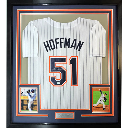 Framed autographed Trevor Hoffman white pinstripe jersey with number 51, Beckett BAS COA