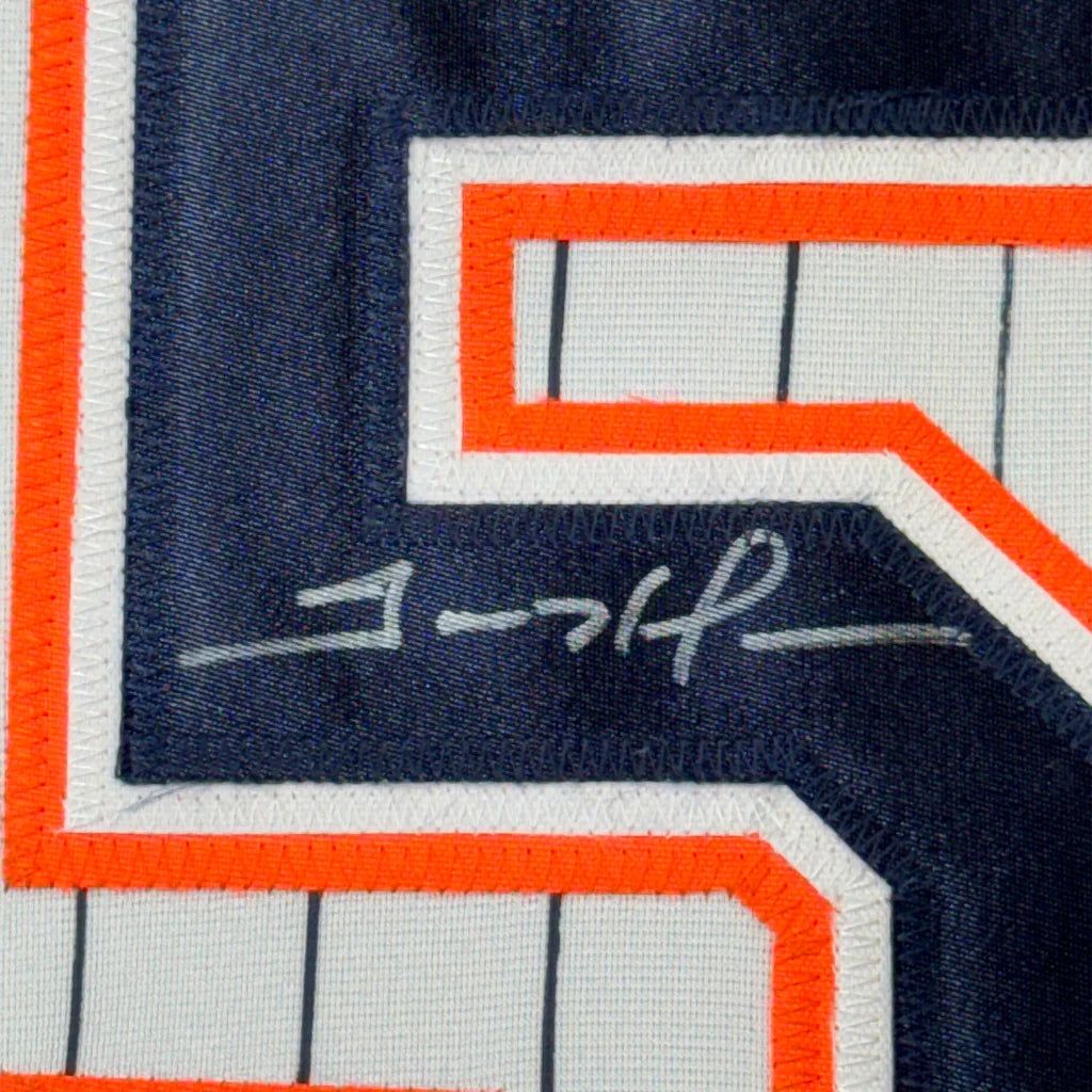 Framed autographed Trevor Hoffman San Diego Pinstripe jersey with silver signature