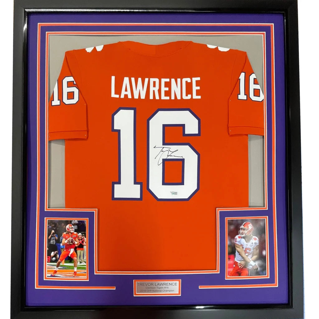 Framed autographed Trevor Lawrence orange Clemson Tigers Nike jersey with number 16
