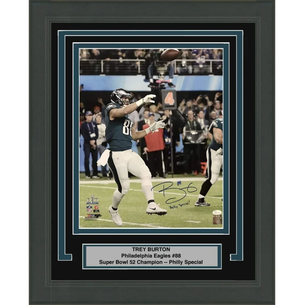 Framed Autographed Trey Burton Inscribed Philly Special Philadelphia Eagles Super Bowl LII 52 Champions 16x20 Football Photo JSA COA | Hall of Fame Sports Memorabilia | vintageantiquesgifts.com