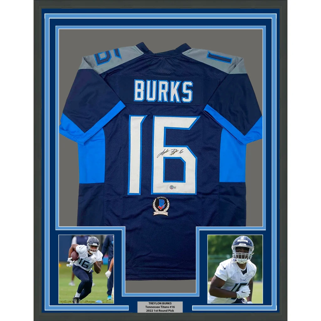 Framed signed Navy Blue Football Jersey with Player Photos ready to hang