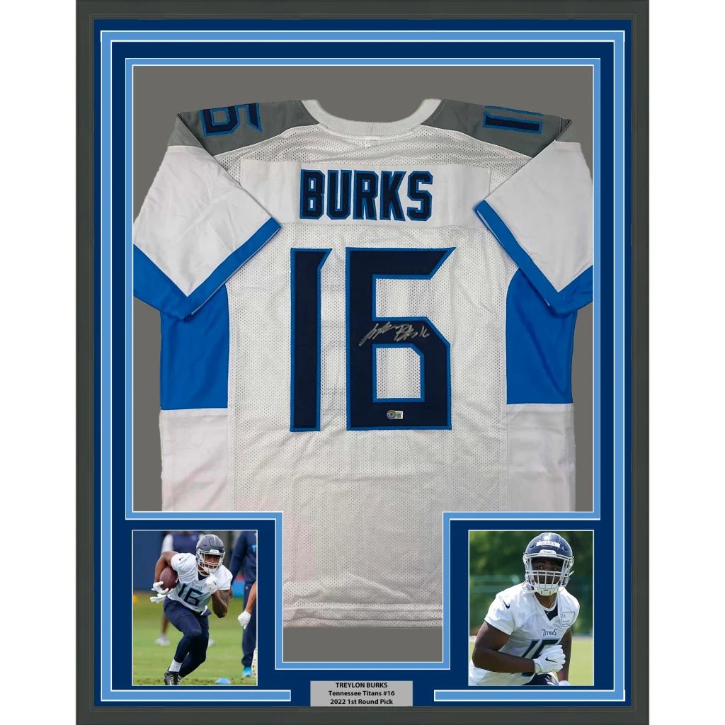 Autographed Tennessee Titans jersey with Burks name and number 16, plus player photos