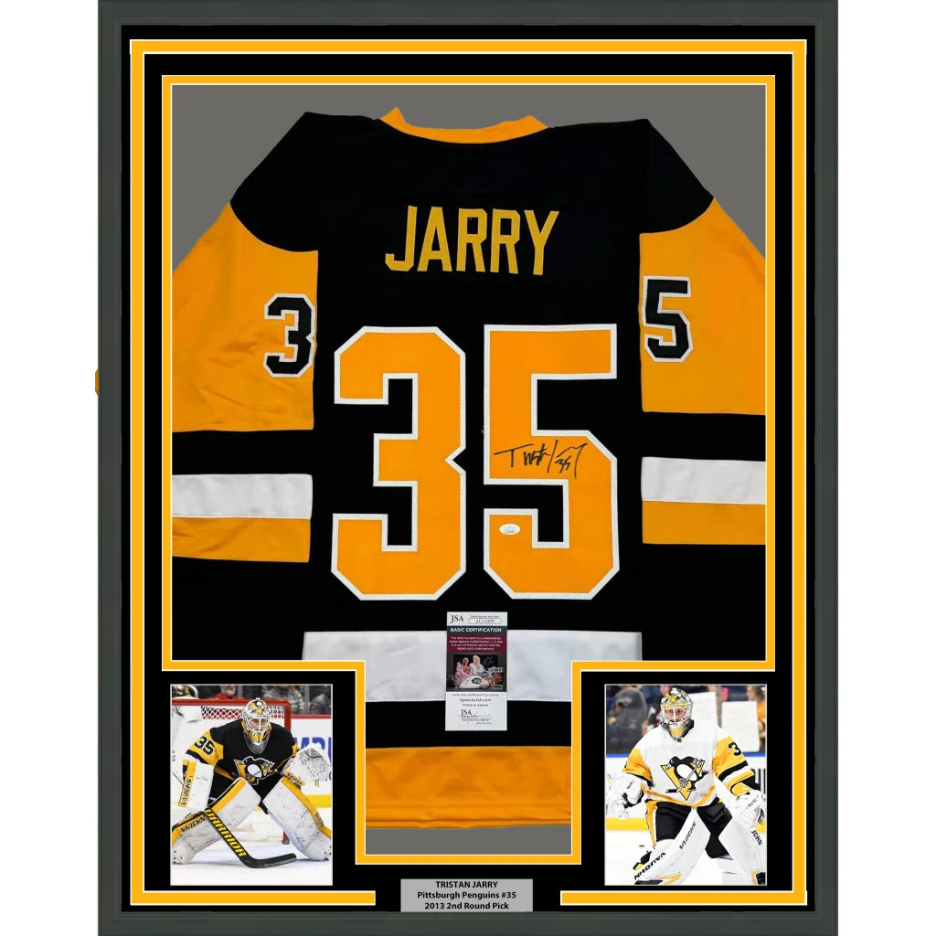 Framed Autographed Tristan Jarry 35x39 Pittsburgh Black Hockey Jersey JSA COA | Hall of Fame Sports Memorabilia | vintageantiquesgifts.com