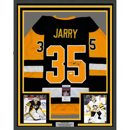 Framed Autographed Tristan Jarry 35x39 Pittsburgh Black Hockey Jersey JSA COA | Hall of Fame Sports Memorabilia | vintageantiquesgifts.com