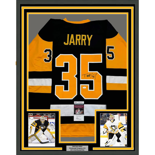 Framed Autographed Tristan Jarry 35x39 Pittsburgh Black Hockey Jersey JSA COA | Hall of Fame Sports Memorabilia | vintageantiquesgifts.com