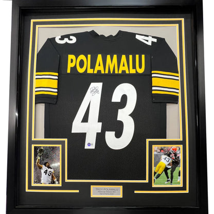 Framed autographed Troy Polamalu Pittsburgh Steelers black jersey back, 43