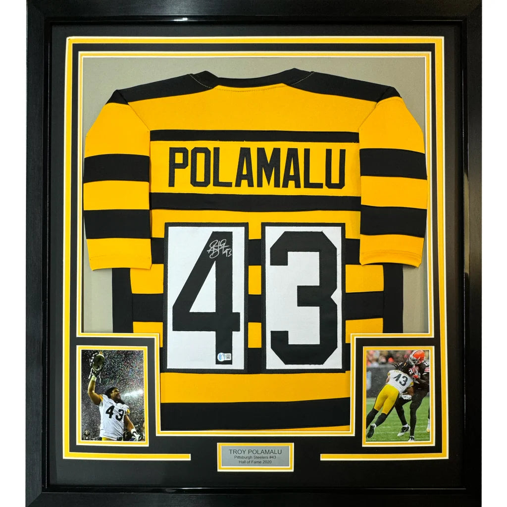 Professionally framed Troy Polamalu Steelers jersey with Beckett BAS COA and photos