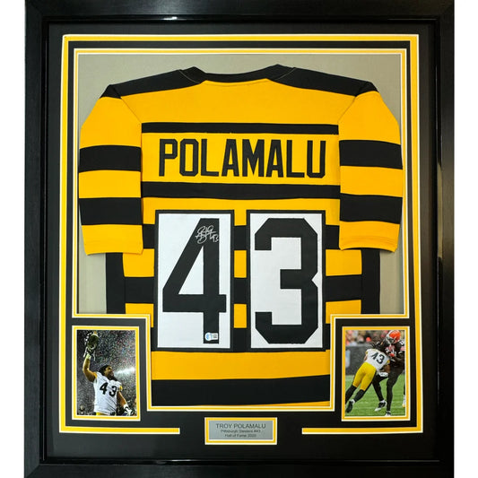Professionally framed Troy Polamalu Steelers jersey with Beckett BAS COA and photos