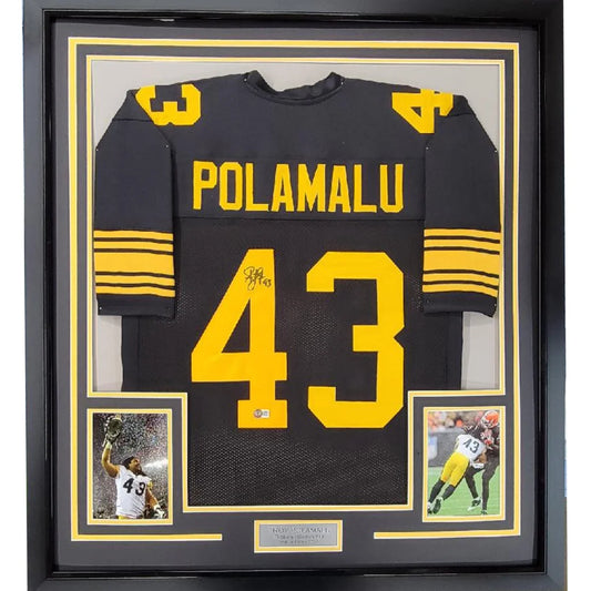 Framed autographed Troy Polamalu Steelers jersey with photos and engraved plate for your man cave