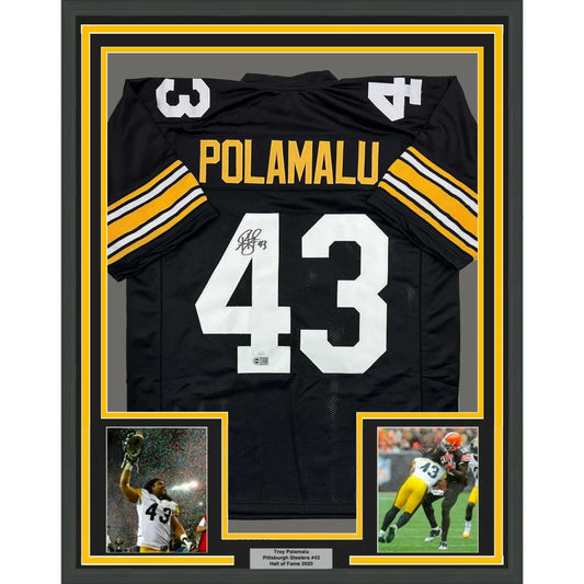 Framed Autographed Troy Polamalu 35x39 Pittsburgh Retro Black Football Jersey JSA COA | Hall of Fame Sports Memorabilia | vintageantiquesgifts.com