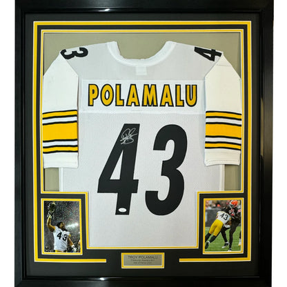 Framed Troy Polamalu #43 Steelers signed jersey with two commemorative photos