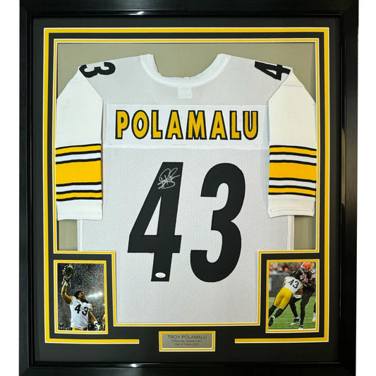 Framed Troy Polamalu #43 Steelers signed jersey with two commemorative photos