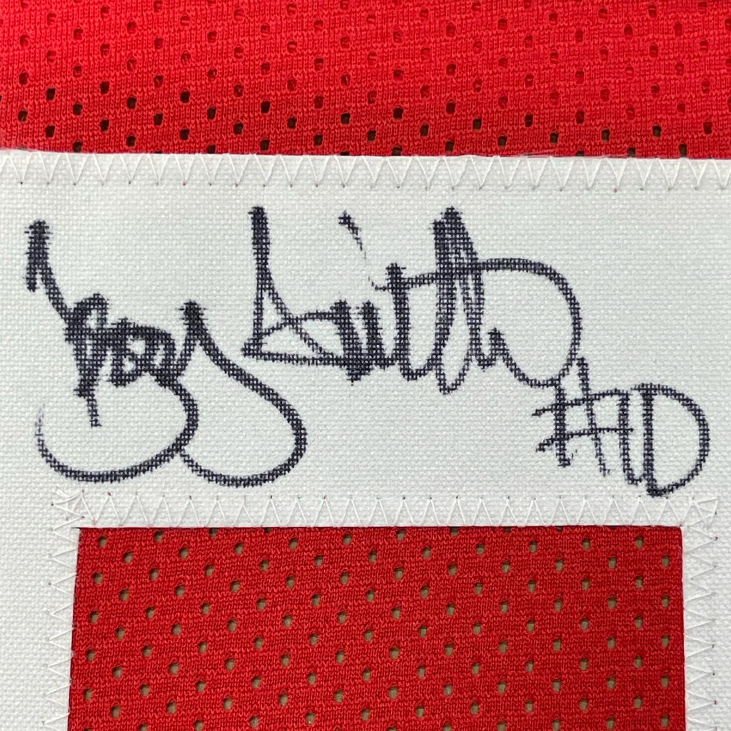 Framed autographed Troy Smith Ohio State red mesh jersey with JSA COA
