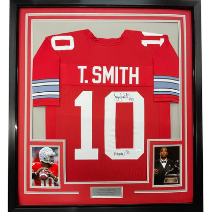 Framed autographed Troy Smith Ohio State red jersey with white 10 and T