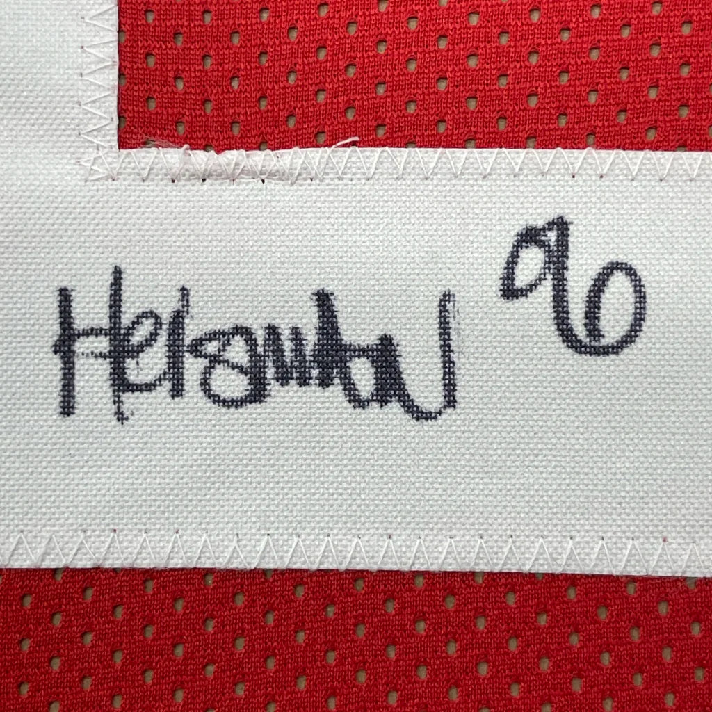 Framed autographed Troy Smith Heisman 06 Ohio State jersey with Helmut 90 label