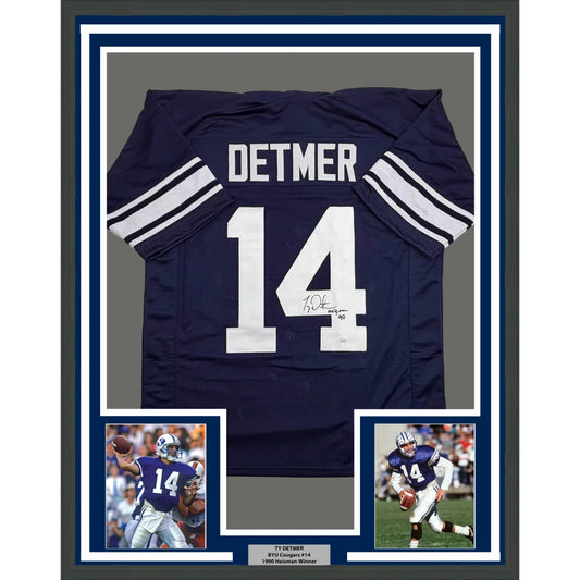 Framed Autographed Ty Detmer 35x39 Heisman 90 Brigham Young BYU Blue College Football Jersey JSA COA | Hall of Fame Sports Memorabilia | vintageantiquesgifts.com