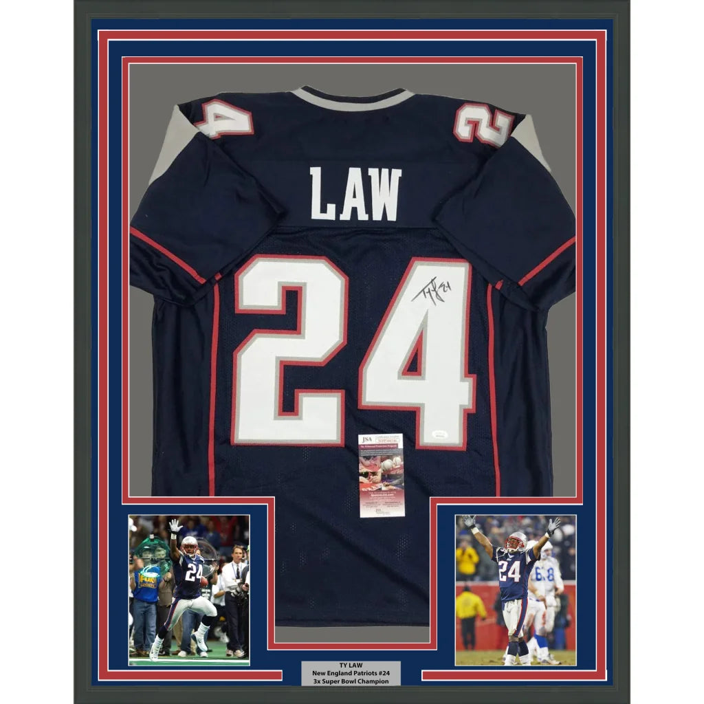 Framed autographed Ty Law navy blue New England Patriots #24 jersey JSA COA