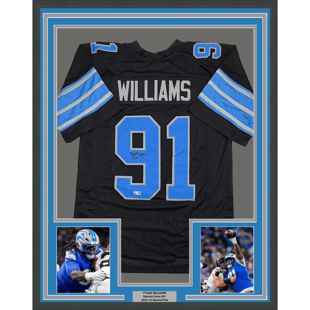 Framed Autographed Tyleik Williams 35x39 Detroit Black Football Jersey Beckett BAS COA | Hall of Fame Sports Memorabilia | vintageantiquesgifts.com