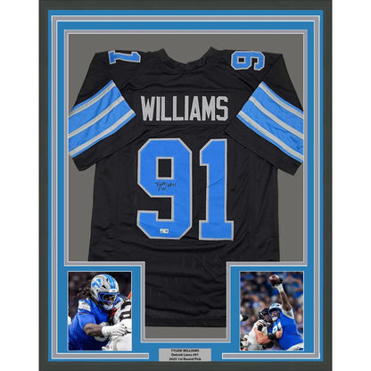 Framed Autographed Tyleik Williams 35x39 Detroit Black Football Jersey Beckett BAS COA | Hall of Fame Sports Memorabilia | vintageantiquesgifts.com