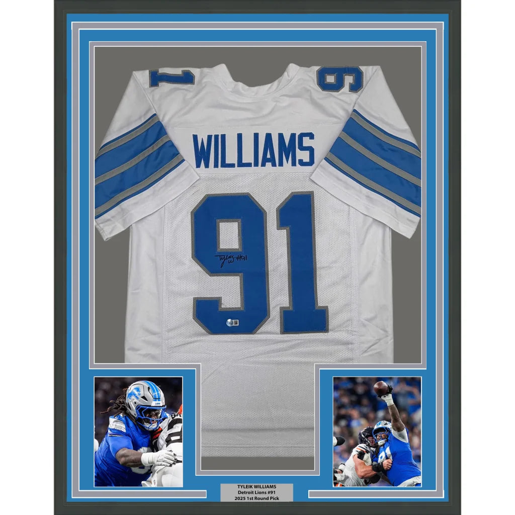Framed Autographed Tyleik Williams 35x39 Detroit White Football Jersey Beckett BAS COA | Hall of Fame Sports Memorabilia | vintageantiquesgifts.com