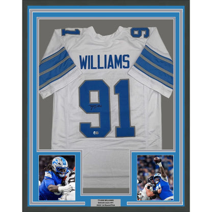 Framed Autographed Tyleik Williams 35x39 Detroit White Football Jersey Beckett BAS COA | Hall of Fame Sports Memorabilia | vintageantiquesgifts.com