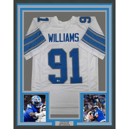 Framed Autographed Tyleik Williams 35x39 Detroit White Football Jersey Beckett BAS COA | Hall of Fame Sports Memorabilia | vintageantiquesgifts.com