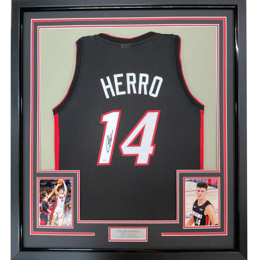 Framed Tyler Herro Miami Heat signed jersey with photos and nameplate ready to display