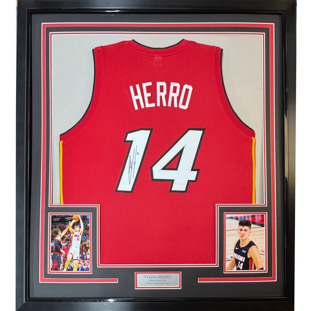 Framed Autographed Tyler Herro 35x39 Miami Red Basketball Jersey JSA COA | Hall of Fame Sports Memorabilia | vintageantiquesgifts.com