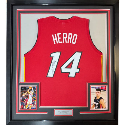 Framed Autographed Tyler Herro 35x39 Miami Red Basketball Jersey JSA COA | Hall of Fame Sports Memorabilia | vintageantiquesgifts.com