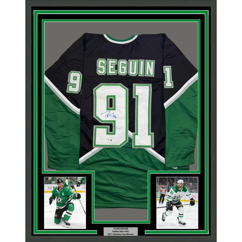 Framed Autographed Tyler Seguin 35x39 Dallas Black Hockey Jersey Beckett BAS COA | Hall of Fame Sports Memorabilia | vintageantiquesgifts.com