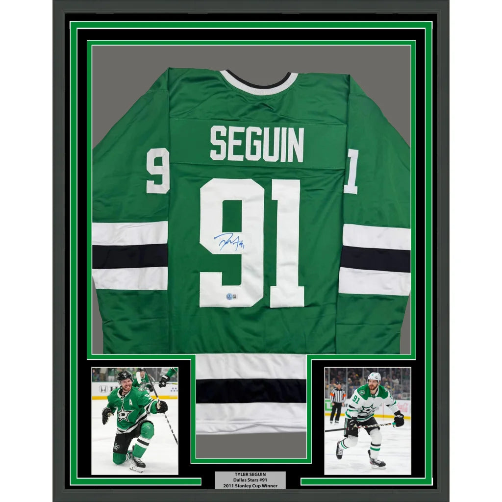 Framed Autographed Tyler Seguin 35x39 Dallas Green Hockey Jersey Beckett BAS COA | Hall of Fame Sports Memorabilia | vintageantiquesgifts.com