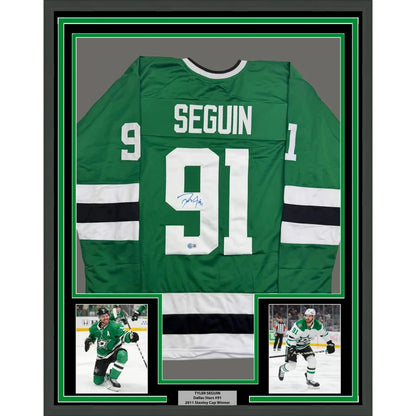 Framed Autographed Tyler Seguin 35x39 Dallas Green Hockey Jersey Beckett BAS COA | Hall of Fame Sports Memorabilia | vintageantiquesgifts.com