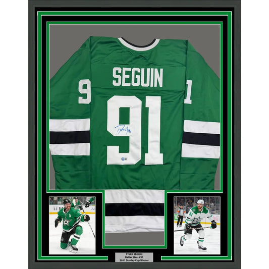 Framed Autographed Tyler Seguin 35x39 Dallas Green Hockey Jersey Beckett BAS COA | Hall of Fame Sports Memorabilia | vintageantiquesgifts.com
