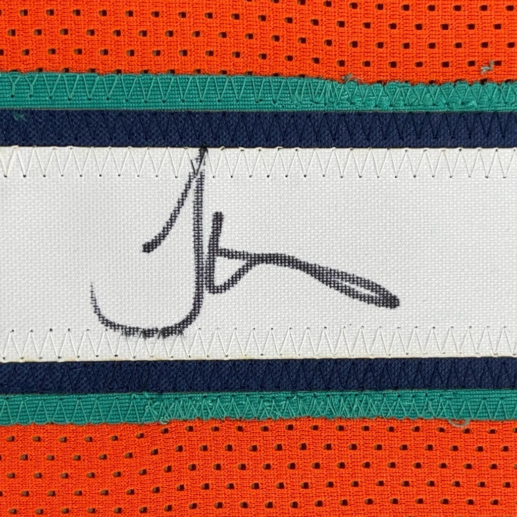 Framed autographed Tyreek Hill Miami orange retro jersey label with JSA COA