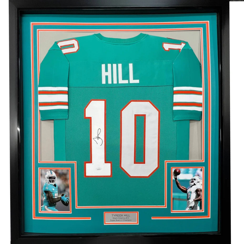 Framed Autographed Tyreek Hill 35x39 Miami Retro Teal Football Jersey JSA COA | Hall of Fame Sports Memorabilia | vintageantiquesgifts.com