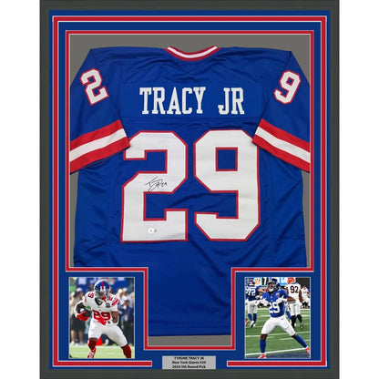 Framed autographed York Blue Football jersey with player photos, perfect for your man cave