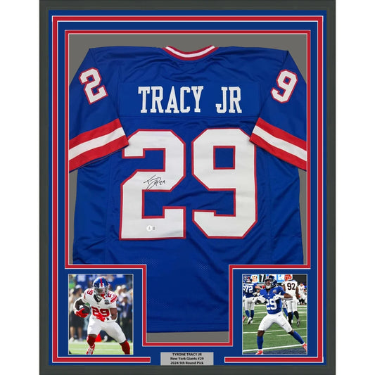 Framed autographed York Blue Football jersey with player photos, perfect for your man cave