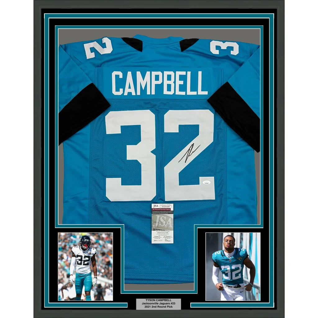 Framed signed Tyson Campbell Jacksonville Jaguars teal jersey with number 32, JSA COA