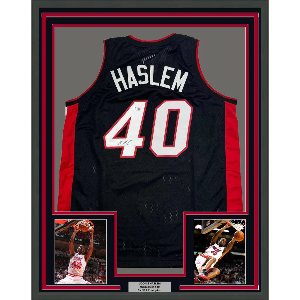 Framed Autographed Udonis Haslem 35x39 Miami Black Basketball Jersey Beckett BAS COA | Hall of Fame Sports Memorabilia | vintageantiquesgifts.com