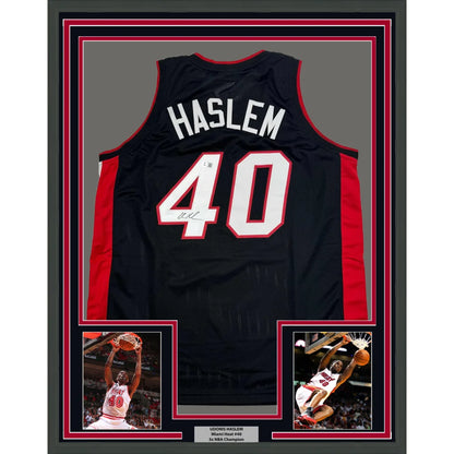 Framed Autographed Udonis Haslem 35x39 Miami Black Basketball Jersey Beckett BAS COA | Hall of Fame Sports Memorabilia | vintageantiquesgifts.com