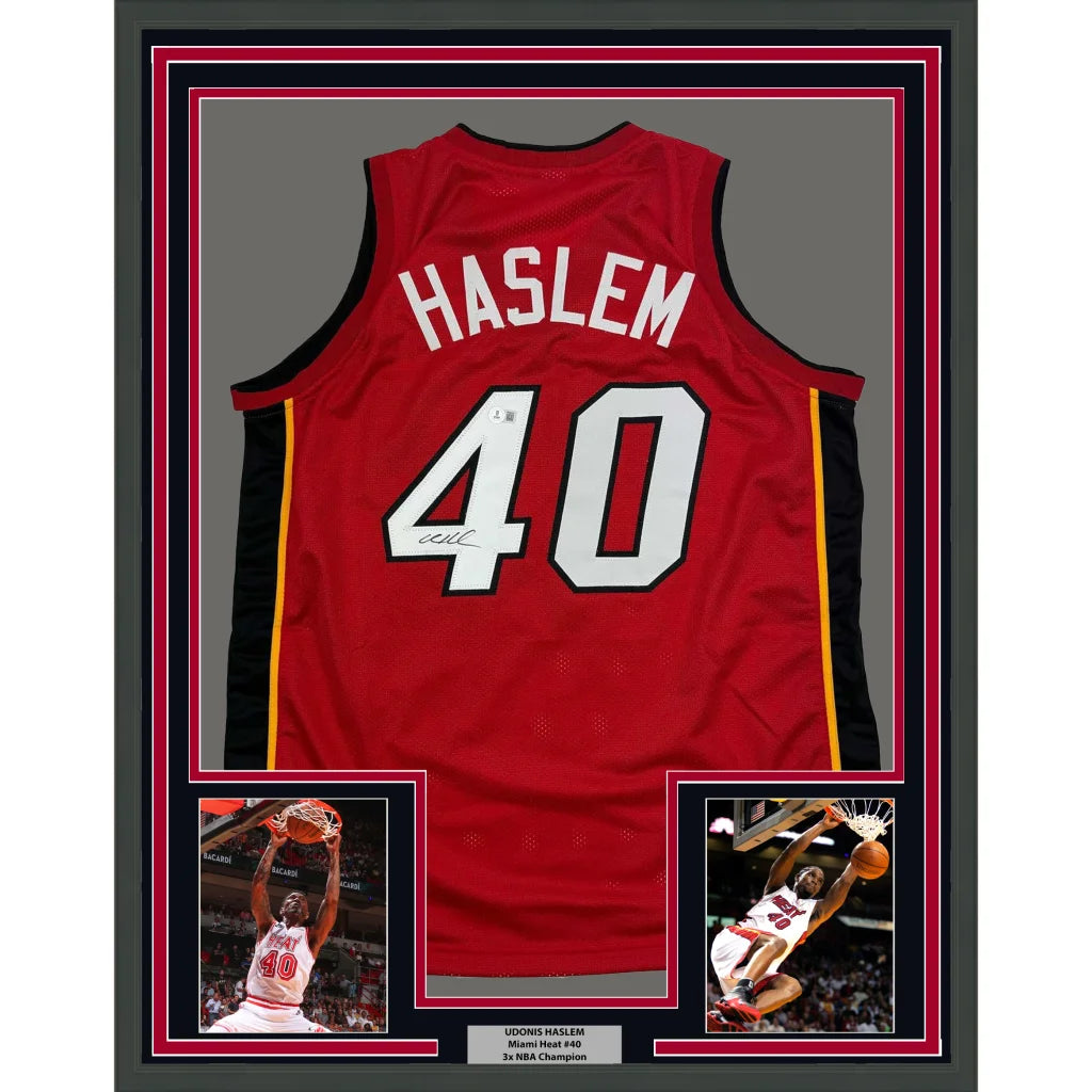 Framed Autographed Udonis Haslem 35x39 Miami Red Basketball Jersey Beckett BAS COA | Hall of Fame Sports Memorabilia | vintageantiquesgifts.com