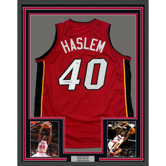 Framed Autographed Udonis Haslem 35x39 Miami Red Basketball Jersey Beckett BAS COA | Hall of Fame Sports Memorabilia | vintageantiquesgifts.com